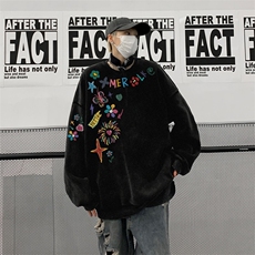 重磅水洗纯棉小领口长袖T恤男士秋季潮牌手绘涂鸦宽松内搭打底衫，男装卫衣，星座517A
