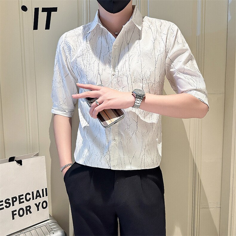 店主风社会小伙男褶皱款七分袖衬衫男上衣301A-1/CS566/P55,男装衬衫,星座301A-1
