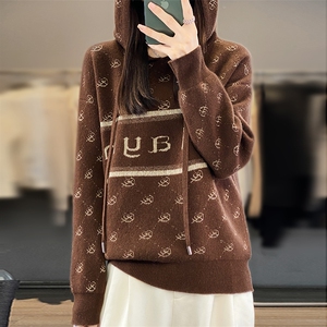 连帽100%纯羊毛衫卫衣女秋冬撞色亮丝毛衣长袖羊绒衫宽松针织帽衫图片