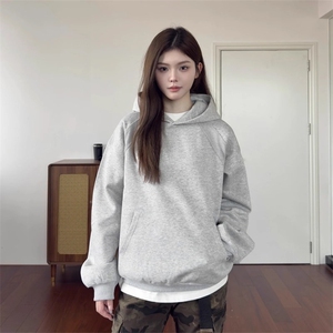 cleanfit灰色短款卫衣男款连帽秋季美式重磅外套螺纹拼接情侣帽衫图片