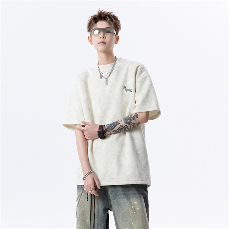 2025无影墙夏季新款潮流刺绣猎狗脏脏宽松短袖T恤xz906-Y127P38,男装T恤,星座906（原电商a316-1）