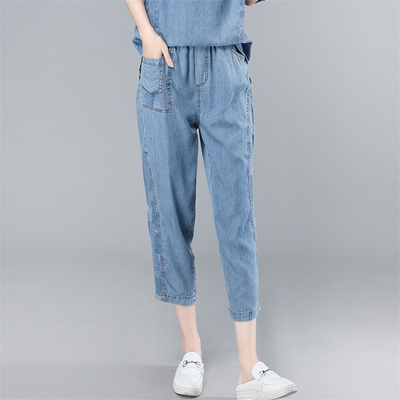 捡漏~时尚妈妈中老年牛仔印花拼接短袖上衣显瘦七分裤女,女装牛仔裤,叶笙衣