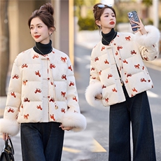 新中式盘扣提花真狐狸毛短款羽绒服女2025年冬季时尚外套90白鸭绒，女装羽绒服，润尚靓点