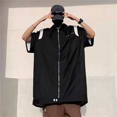 黑白拼接皮廓形拉链夹克短袖衬衫休闲外套夏男女外套~C8022-p40，男装衬衫，星座601-2