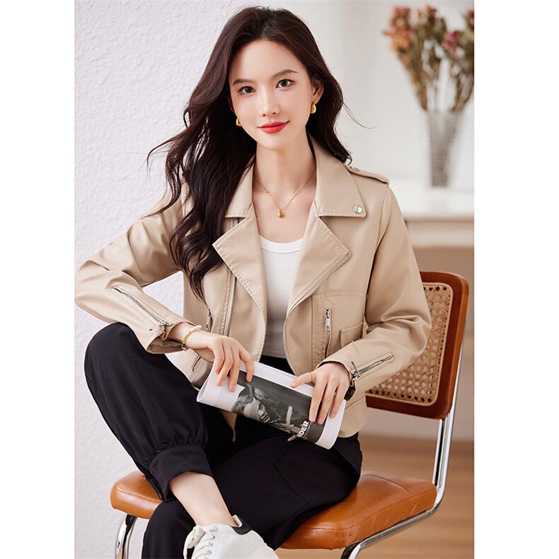 西装领皮衣外套女2023年春季新款韩版短款百搭机车服流行皮夹克,女装皮衣,江南女神