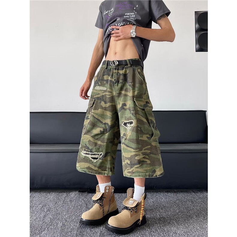美式复古迷彩工装裤男夏季新款宽松直筒阔腿休闲短裤子,男装牛仔裤,星座410-6（原星座1304-1）