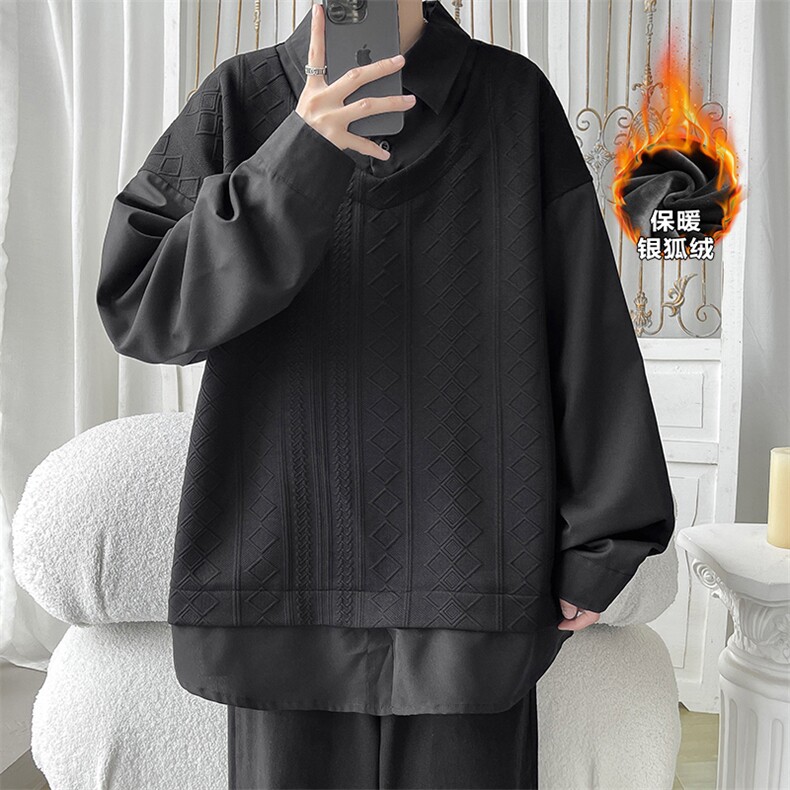 假两件套头拼接卫衣男士大码大码翻领长袖衬衫W321J加绒-P65控98,男装衬衫,电商A001