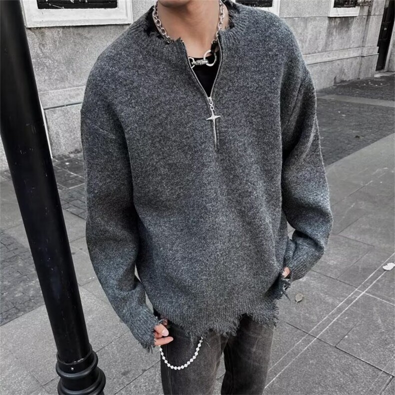 半拉链破洞破坏毛衣男时尚痞帅宽松情侣毛边针织衫513AMY2799P46，男装针织衫/毛衣，星座513A