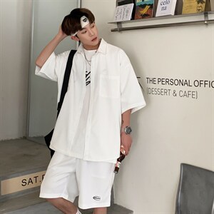 TZ65356/P55港风华夫格短袖套装男装大码衬衣衬衫短裤两件套控89图片