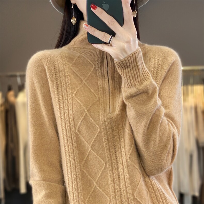 一线成衣~100纯羊毛半开领加厚毛衣女秋冬内搭打底宽松立领针织衫,女装羊毛衫,昭美羊绒