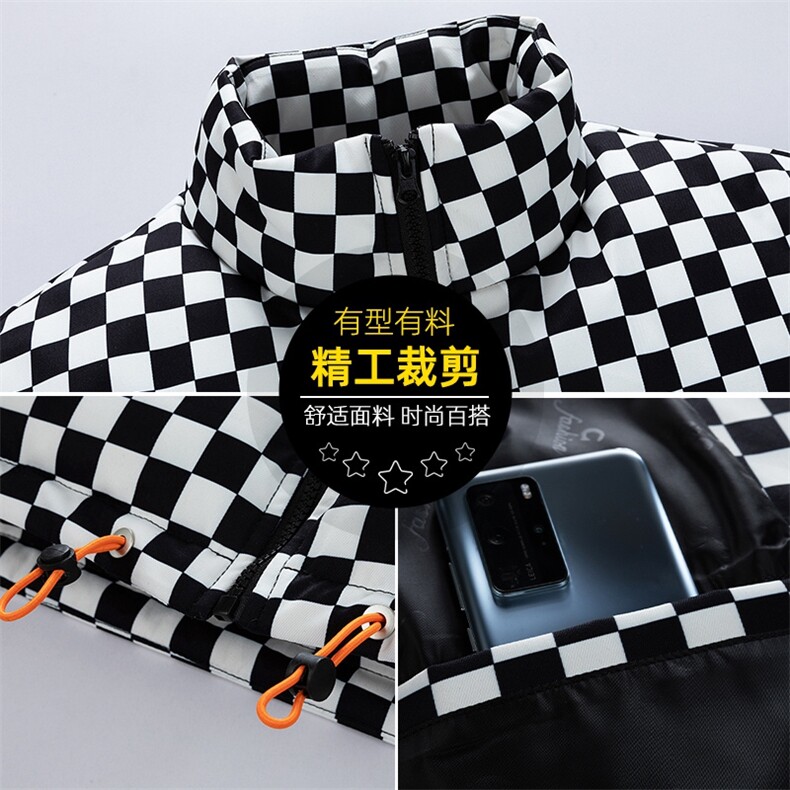 美式高街棋盘格子立领面包服男女情侣装棉服外套班服M0758-P98,男装棉衣,星座308B-2
