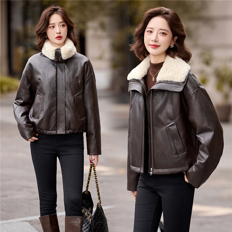 毛领拼接PU皮羽绒服女2025冬季新款小个子气质显瘦白鸭绒短款外套,女装羽绒服,冬木谷雨