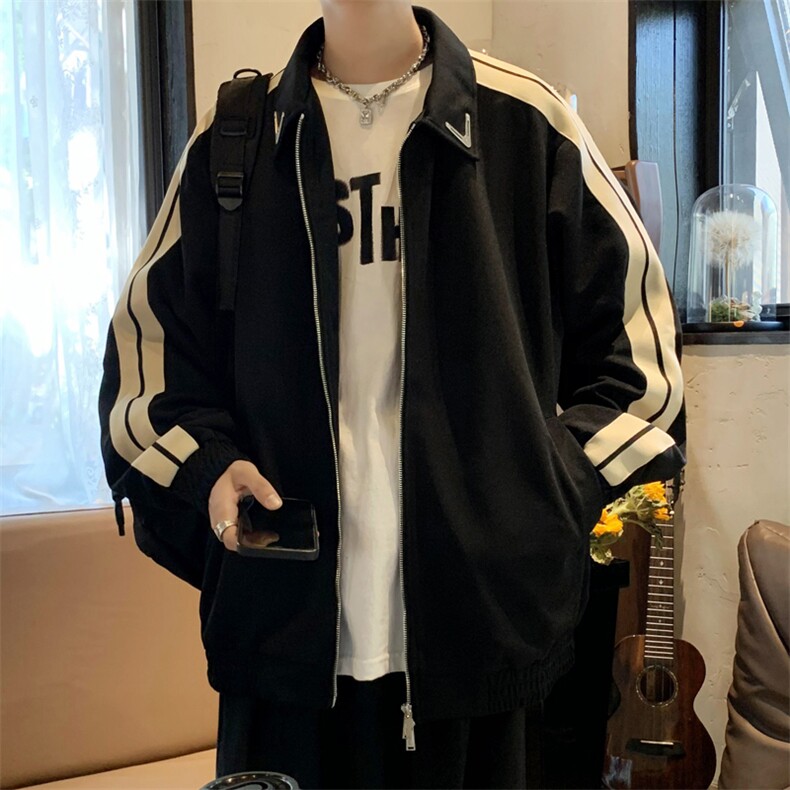 夹克男港风潮拉链开衫条纹拼色2024春秋新款ins宽松外套W4046-P38,男装夹克,星座412-2