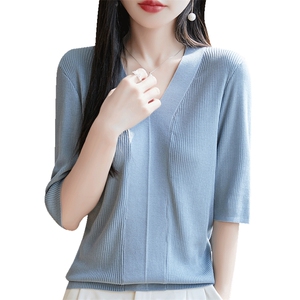 夏季时尚显瘦百搭女士抽条V领短袖图片