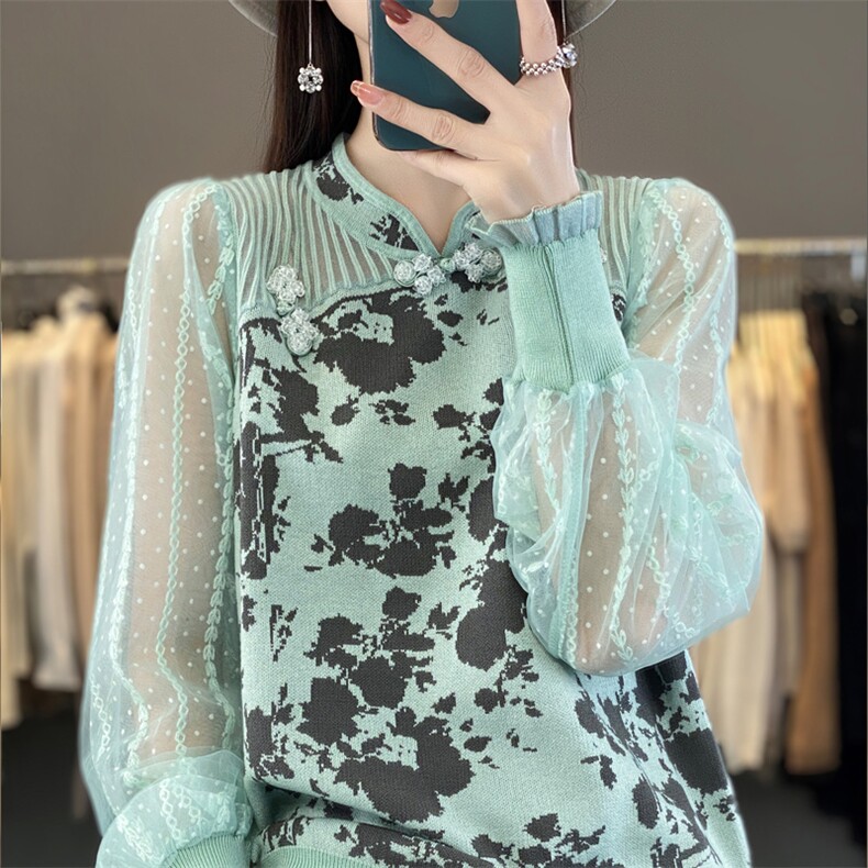 时尚优雅女士羊毛衫精致蕾丝拼接舒适保暖修身显瘦,女装羊毛衫,宛庄羊绒