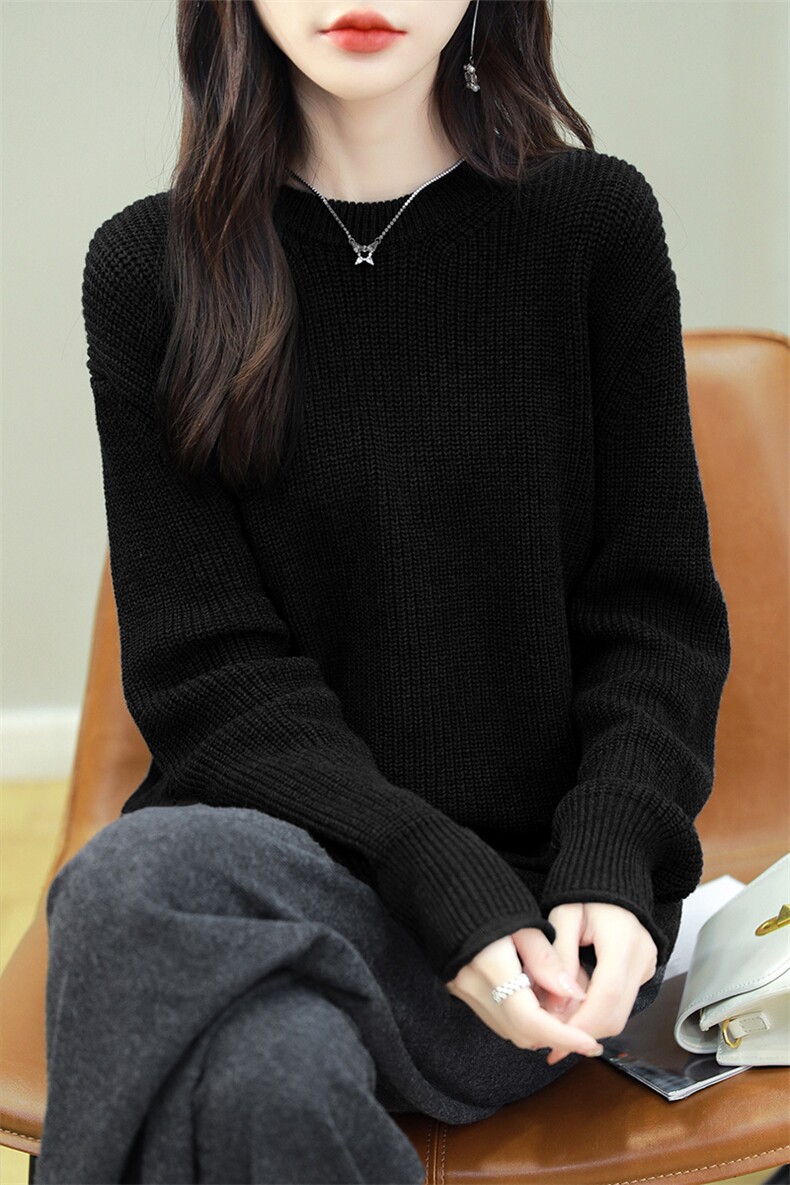 重磅加厚精梳棉线针织打底衫女圆领套头长袖保暖宽松毛衣2025新款,针织衫/毛衣,品高羊绒