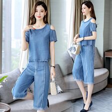 纯色2021年夏季圆领时尚舒适气质露肩短袖简约百搭套装，女装套装/套裙，天丝秀
