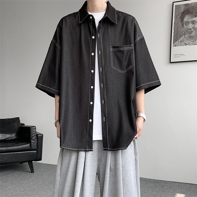 8XL-M冰丝牛仔短袖衬衫男款夏季薄款宽松慵懒衬衣外套DC28006P60,男装T恤,电商B312