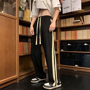 织带裤子男秋季韩版chic百搭休闲裤条纹宽松直筒拖地裤A722P35图片