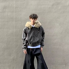 现货重磅boxy短款棉衣座山雕大毛毛领男女棉服水洗工装厚外套，男装棉衣，电商A486-1