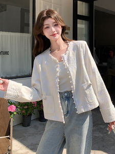 新中式刺绣亮片苎麻短外套女2025春季新款重工蕾丝钩花小香风上衣图片