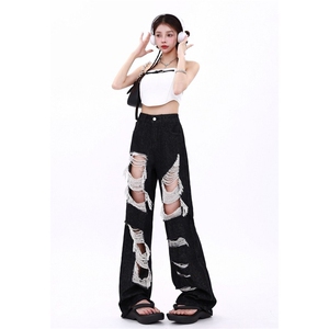 X194-P50 黑色大破洞牛仔裤夏显瘦毛边设计感直筒拖地长裤子图片