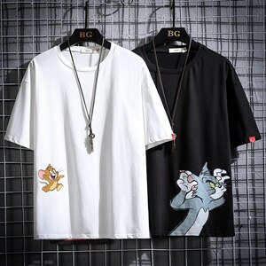 2021夏季新网格挂拍日系大码男猫和老鼠印花短袖T恤T1058-P25图片