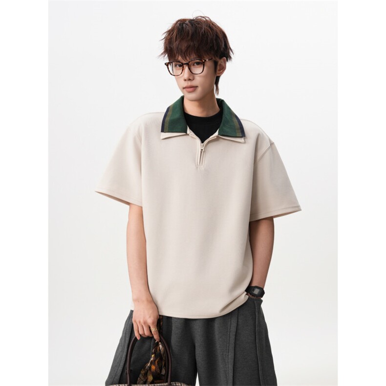 M-8XL美式复古撞色拼接polo衫半拉链短袖t恤大码宽松DX1227/特P40，男装T恤，电商B238