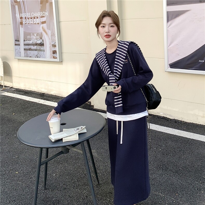 休闲减龄穿搭藏蓝色卫衣套装女春秋超火好看高级感半身长裙两件套,女装套装/套裙,1D102-1