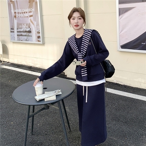 休闲减龄穿搭藏蓝色卫衣套装女春秋超火好看高级感半身长裙两件套图片