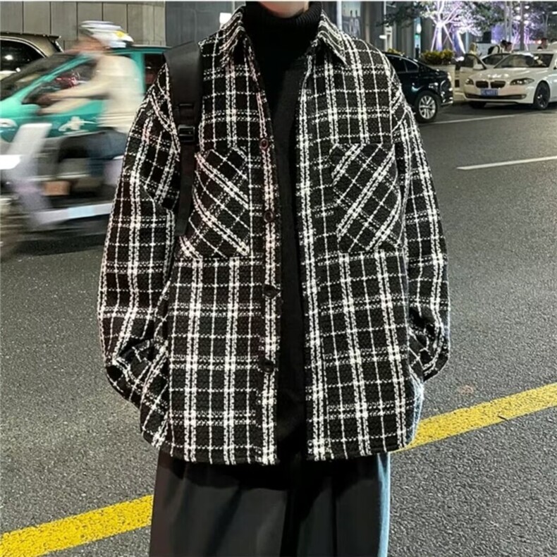 黑白千鸟格子衬衫男春秋痞帅小香风外套潮牌高级感男装设计感夹克,男装夹克,星座1210-1