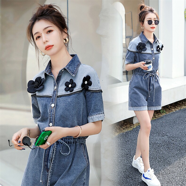 时尚显瘦牛仔连体短裤女夏季新款韩版宽松高腰抽绳收腰花朵装饰休闲裤，女装连体裤，秋水欣儿