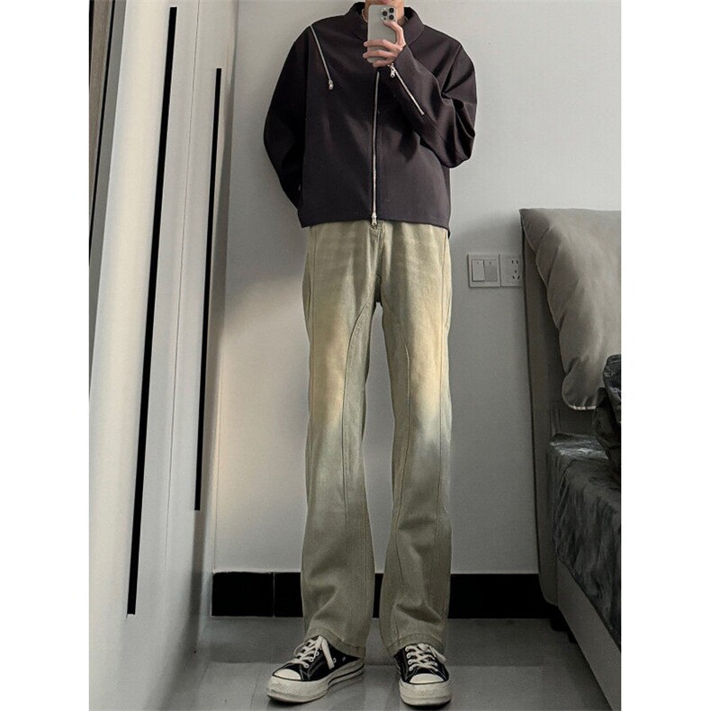美式高街vibe拼接黄泥牛仔裤修身直筒裤XZ310A-4-NZ27JG,男装牛仔裤,星座310A-4