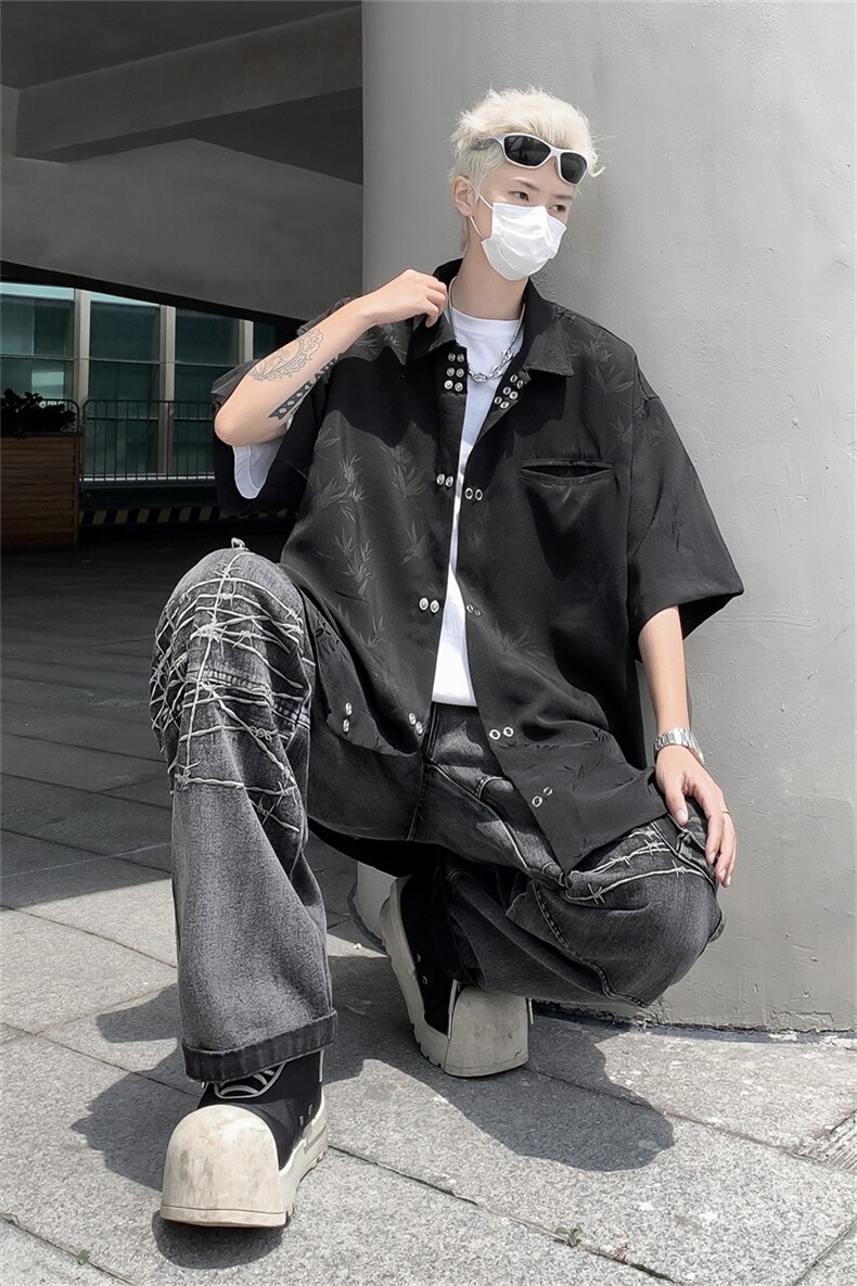 新中式风竹子垂感短袖衬衫男女夏季潮牌设计感重工百搭半袖衬衣,男装衬衫,星座505-2（原电商A260-1)