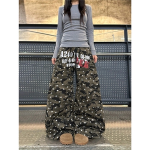 BeOurRule 美式复古星星迷彩弯刀加绒卫裤男女休闲裤宽松阔腿裤潮图片