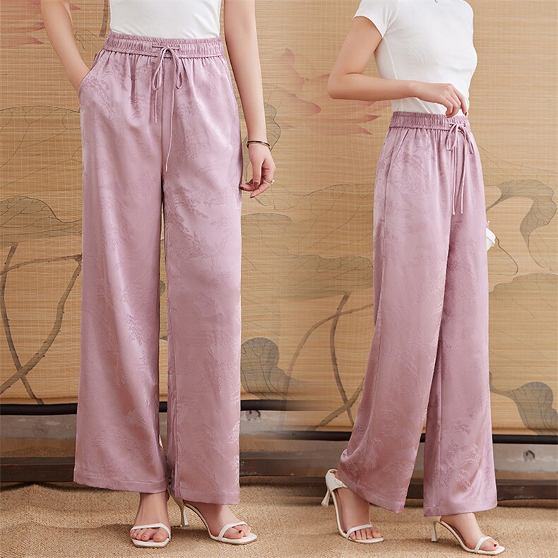 新中式提花阔腿长裤子2025新款女装粉薄款高腰显瘦亲肤透气松紧腰，女装休闲裤，媚琳依坊