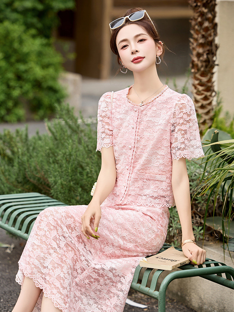 时尚套装女2026夏季新款妈妈装洋气减龄蕾丝拼接上衣半身裙两件套,女装套装/套裙,沁沁公主