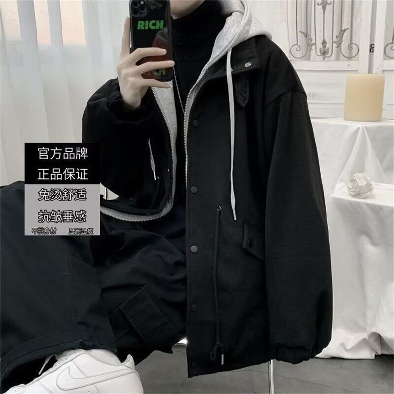 wassuphappy假两件毛呢外套男秋冬季潮流美式青少年连帽休闲夹克,男装夹克,星座1008
