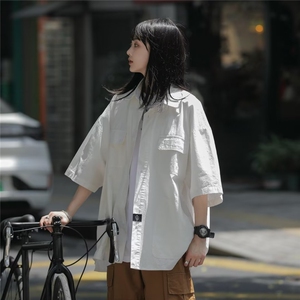 日系复古工装短袖衬衫男女中性宽松百搭情侣五分袖上衣S6322-p38图片
