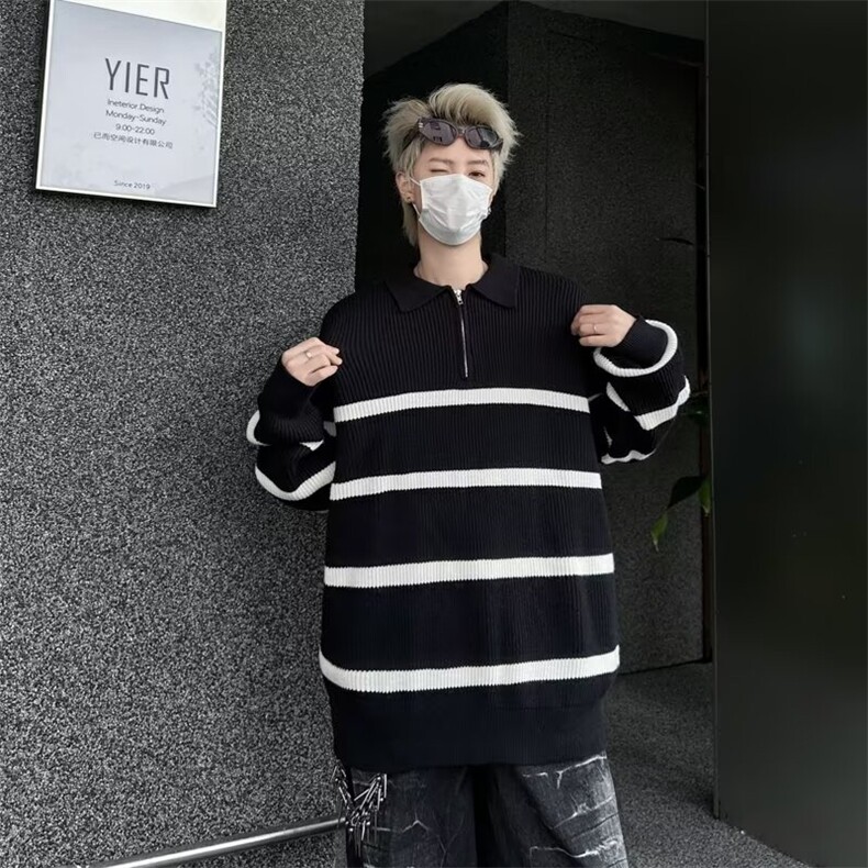 条纹翻领毛衣男美式高街半拉链设计套头针织衫设计感上衣7168P49,男装针织衫/毛衣,星座410-2