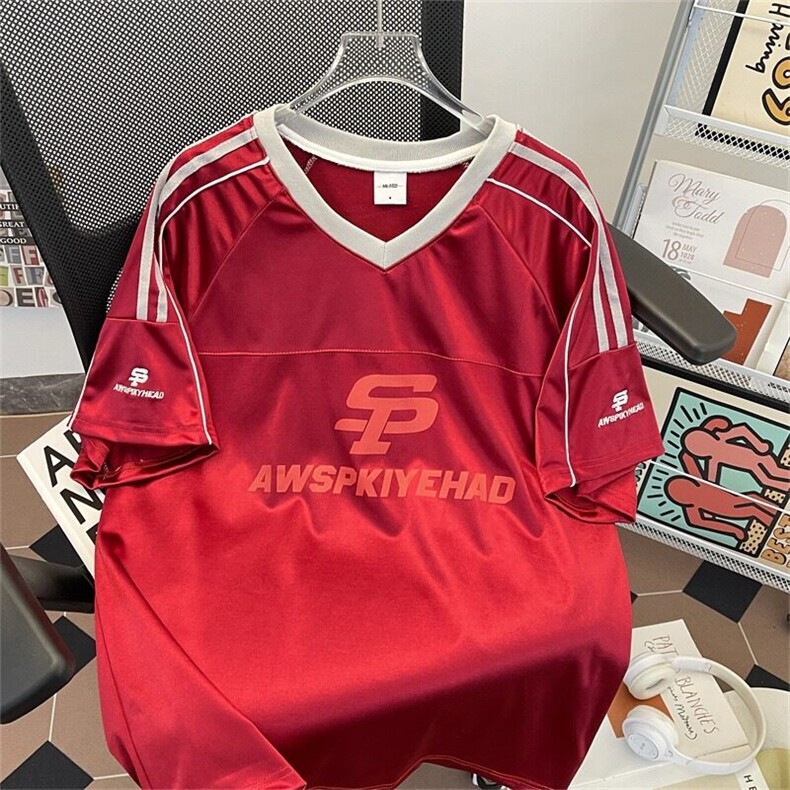 Q321-P42 美式复古V领杠条球服短袖T恤夏季宽松休闲运动图片