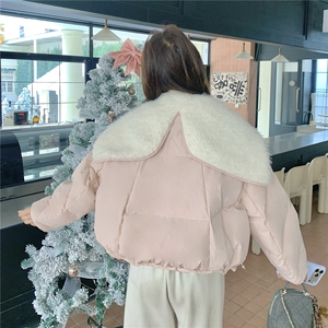 新款现！羊羔毛翻领手套粉色羽绒服外套2C133-6011-P285-K408图片