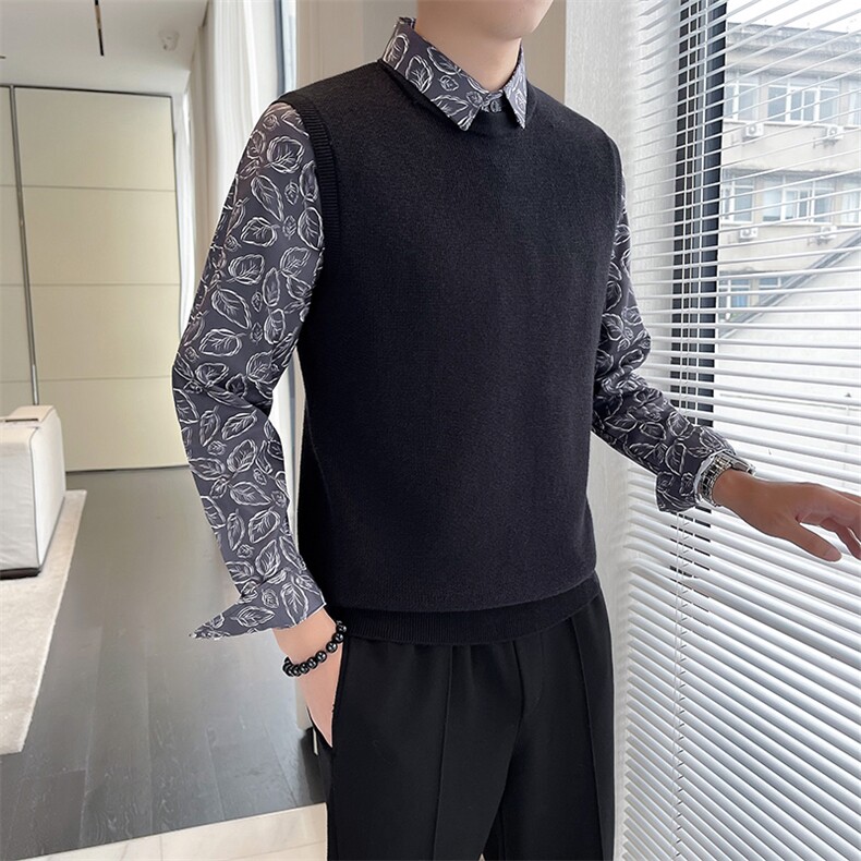 轻熟风~高品质衬衫领针织衫男士假两件长袖套头毛衣B261-M04-P85，男装针织衫/毛衣，电商D323（原B261）