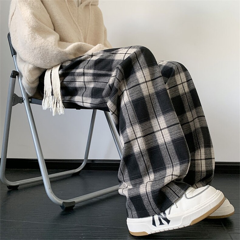 复古格子裤子男宽松直筒垂感拖地裤阔腿裤磨毛休闲长裤,男装休闲裤,星座410-7