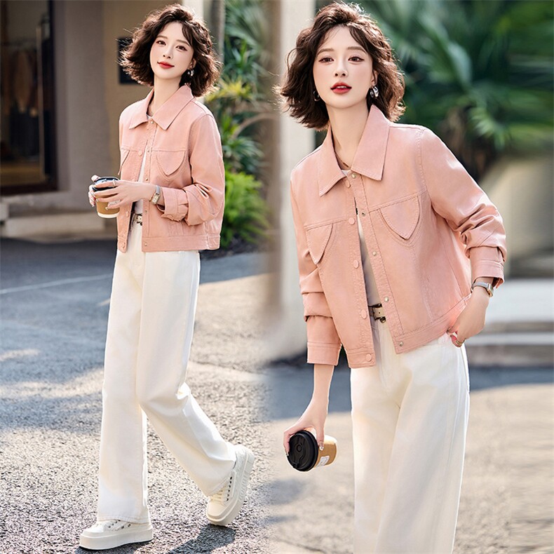 洋气减龄粉色短款皮衣外套女2025春新款小个子休闲翻领皮夹克上衣，女装皮衣，魅丽静蓝
