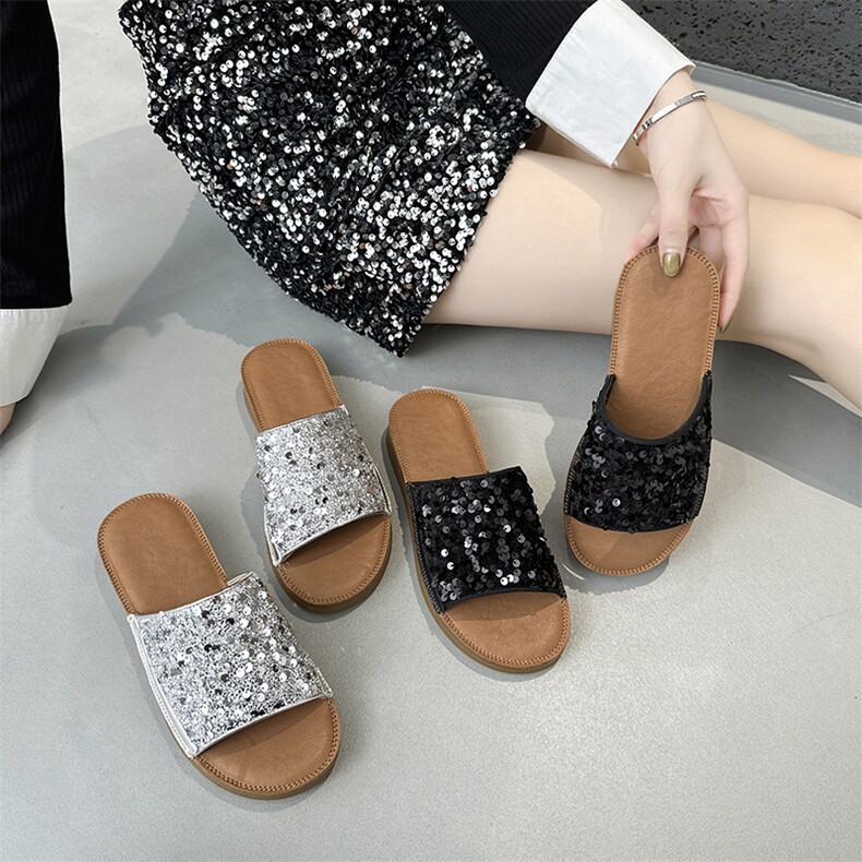 2024夏季新款亮片一字带牛筋底平底拖鞋女鞋，女鞋拖鞋，电商A223