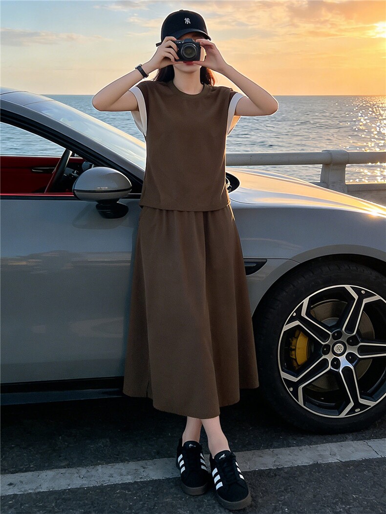 设计感时尚气质套装裙女夏新款圆领撞色拼接上衣开叉半身裙两件套,女装套装/套裙,江南