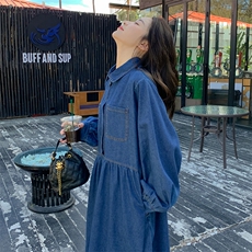 现货慵懒宽松牛仔连衣裙配领带，女装连衣裙，菡迪欧娜