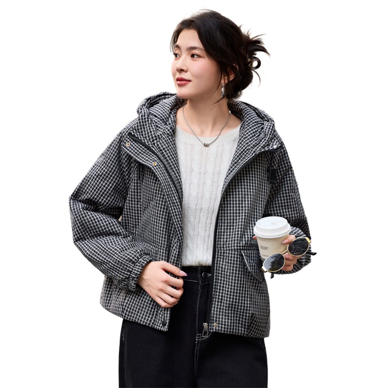 2025年冬季宽松连帽格子加厚棉衣服棉短款外套,女装棉衣/棉服,简韵佳
