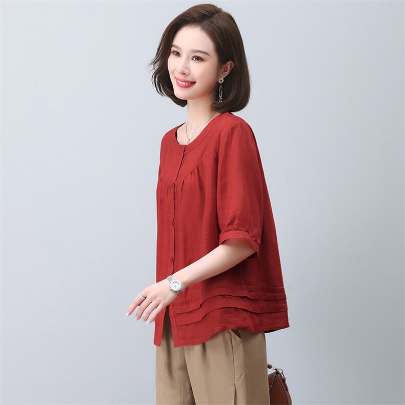 棉麻女2025夏季新款休闲时尚中年妈妈高端苎麻上衣亚麻,女装衬衫,忆绮罗
